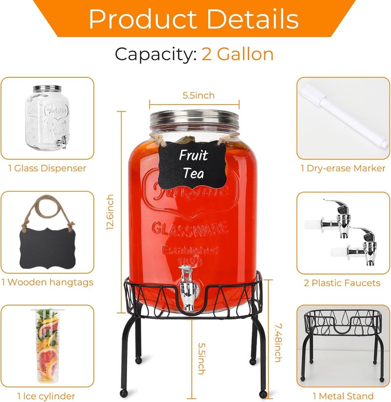 Waymind 2 Gallon Glass Drink Dispensers, 1 Pack Clear Beverage Dispenser with Stand and Spigot for Parties, Drink Dispenser with Ice Core and Sticker for BBQ, Picnic, Lemonade Dispenser - Image 2